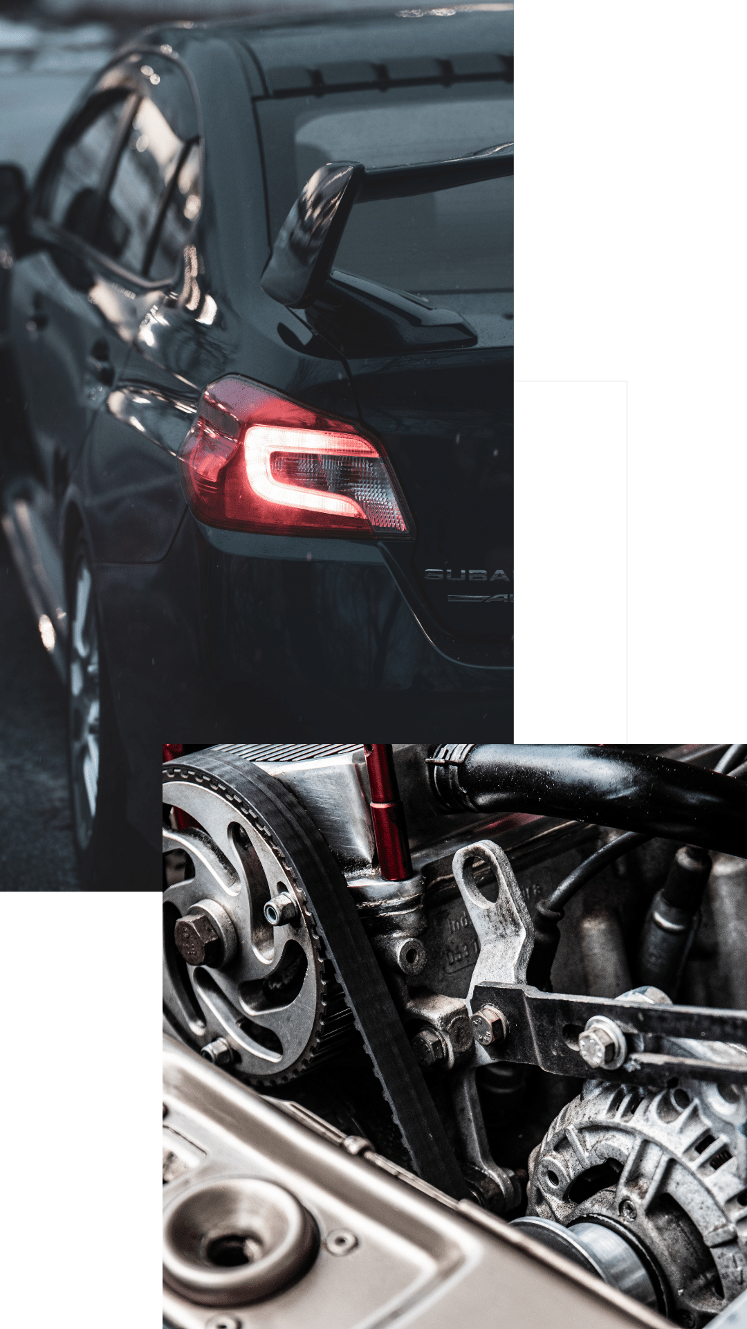 2 photo collage of a black car and close up of engine