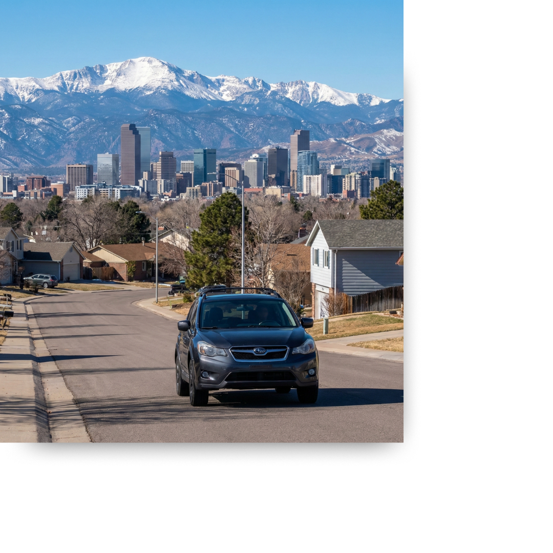 Subaru driving in Denver neighborhood